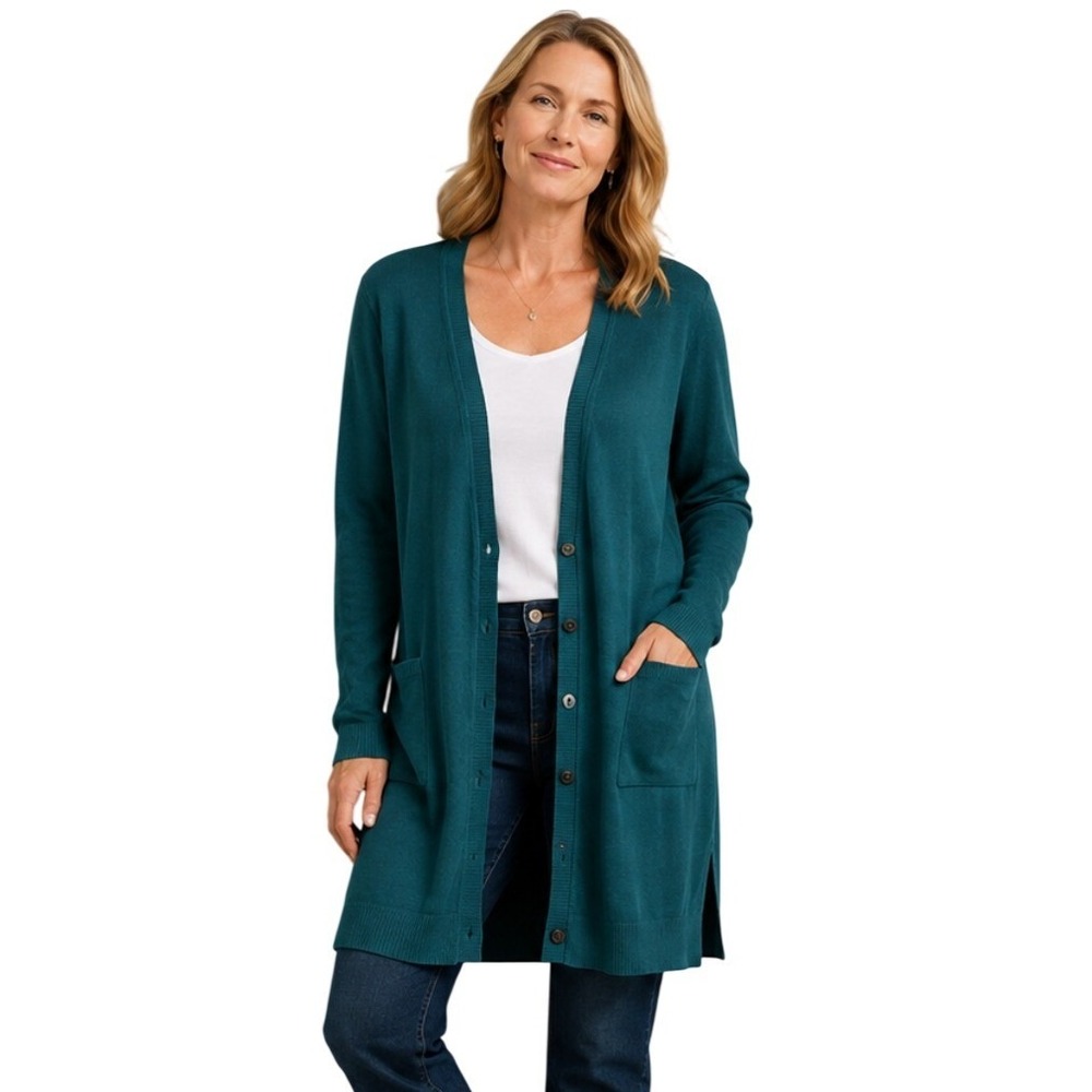 J. Jill Long Cardigan Women S Green Ribbed Knit Silk Blend Button Front Pockets
